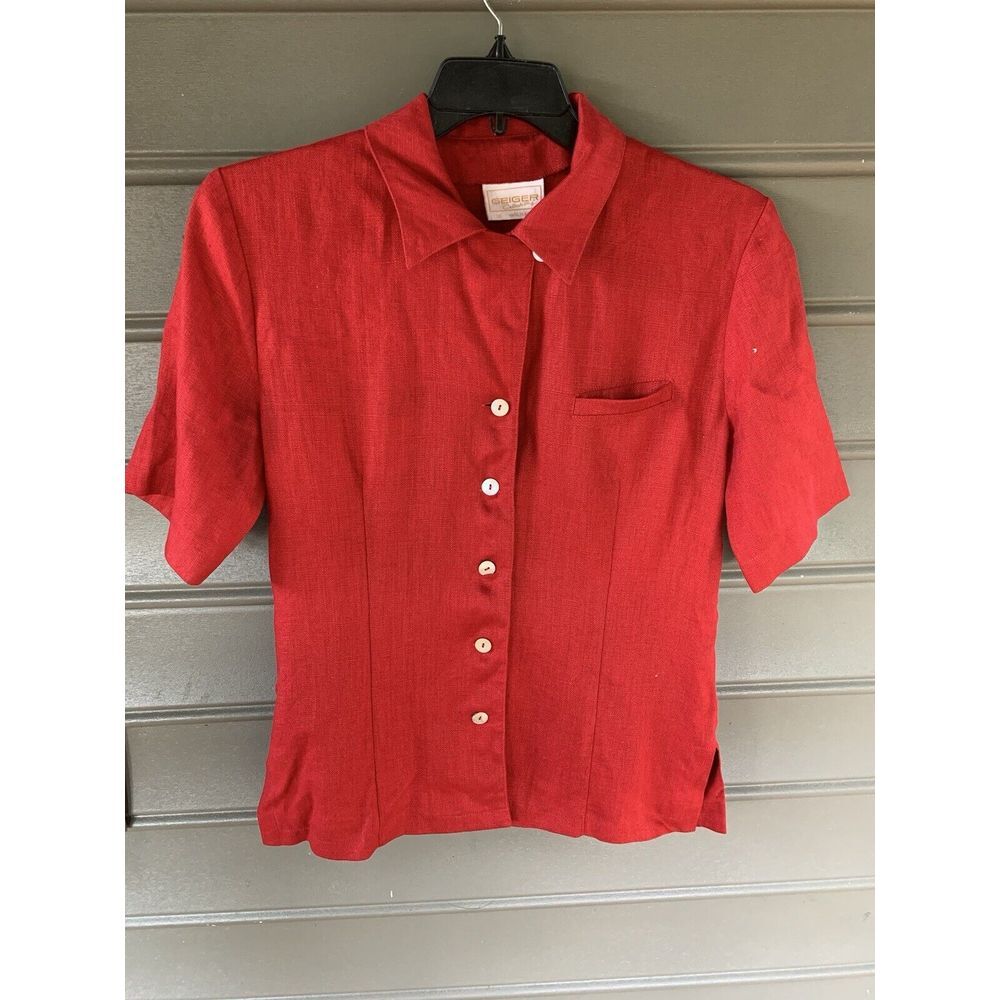 Women's‎ 38 Geiger Collection Red 100% Linen Button Down Blouse Blazer Holiday
